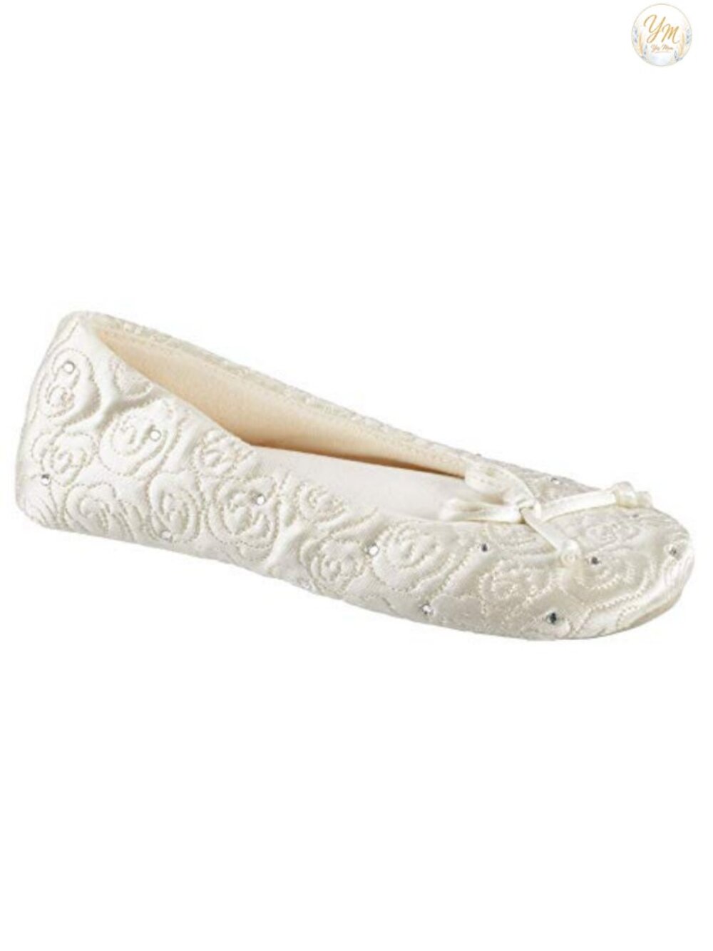 Quilted Ballerina Slippers with Rhinestone Embellishment, Genuine Suede Sole,